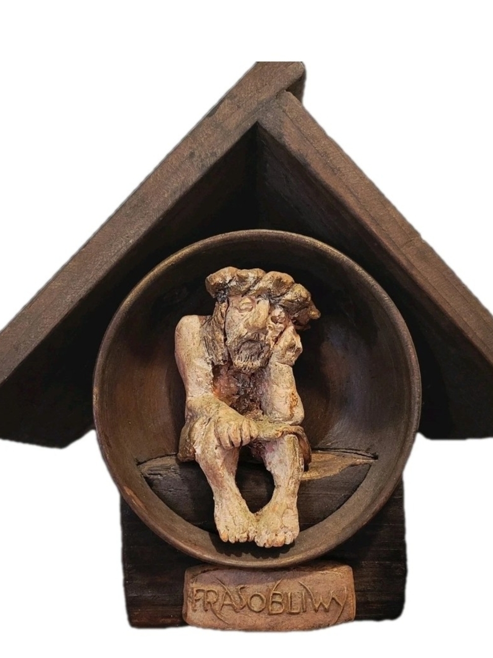 Rustic Brown Ceramic Dweller Sculpture Wall Accent Frasobliwy